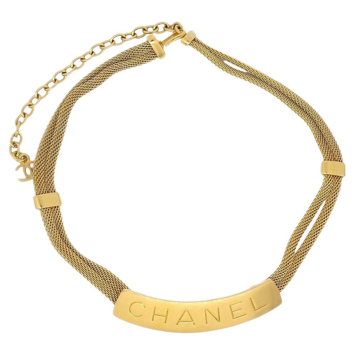 CHANEL Mesh Plate Gold Metal Bib Necklace For Sale