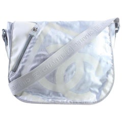 Vintage Chanel Messenger Cc Logo Metallic 226705 Silver Nylon X Canvas Cross Body Bag