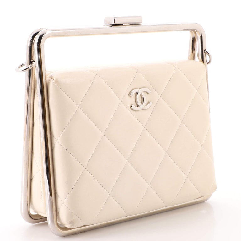 CHANEL Quilted Lambskin Metal Bar Clutch Bag White 1252424