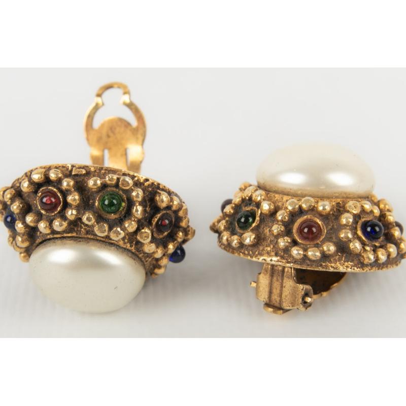 Women's Chanel Metal Clip-on Earrings Ornamented with Glass Paste and Pearly Cabochons