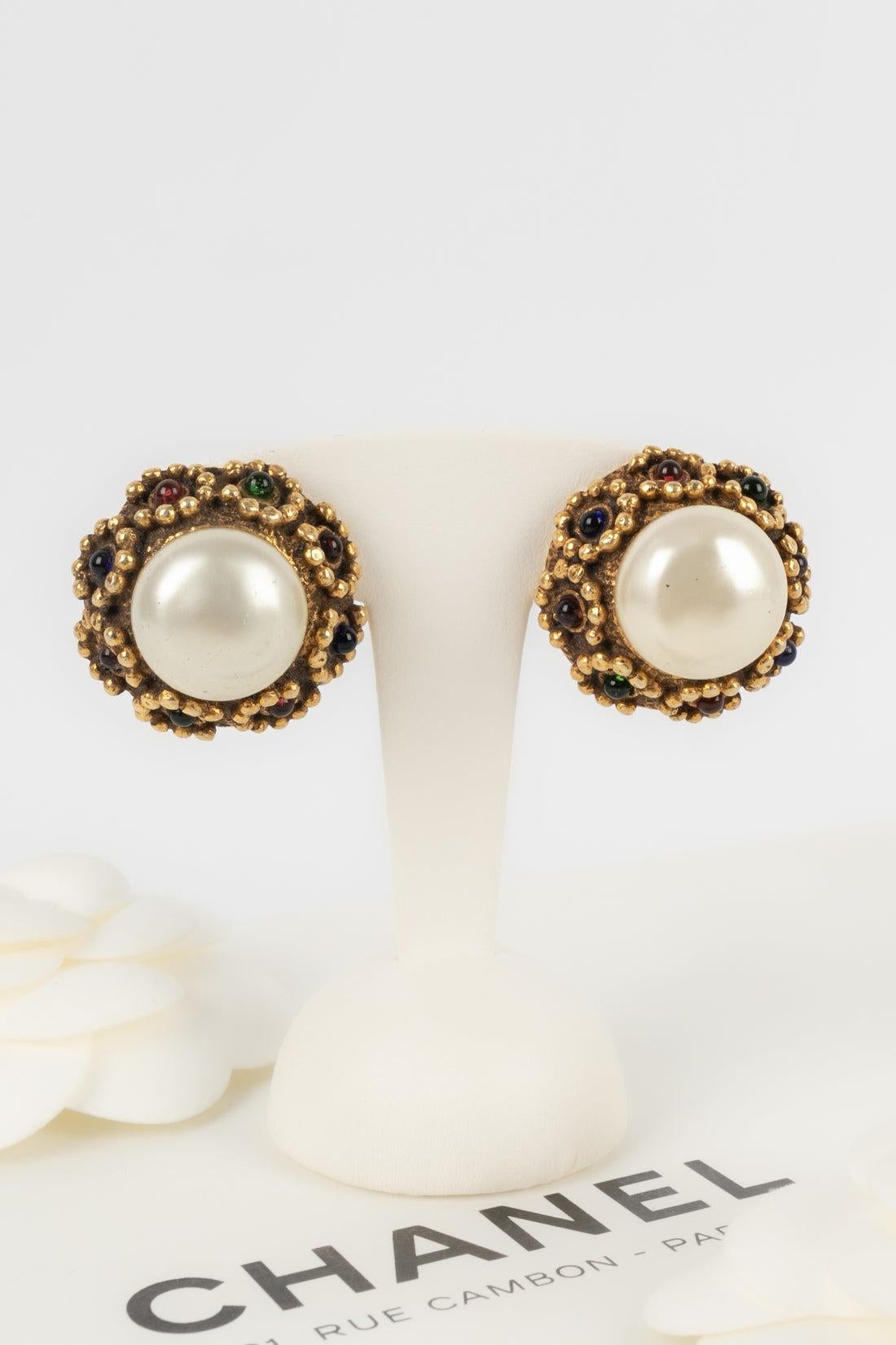 Chanel Metal Clip-on Earrings Ornamented with Glass Paste and Pearly Cabochons 3