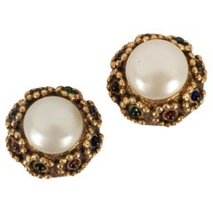Chanel Metal Clip-on Earrings Ornamented with Glass Paste and Pearly Cabochons