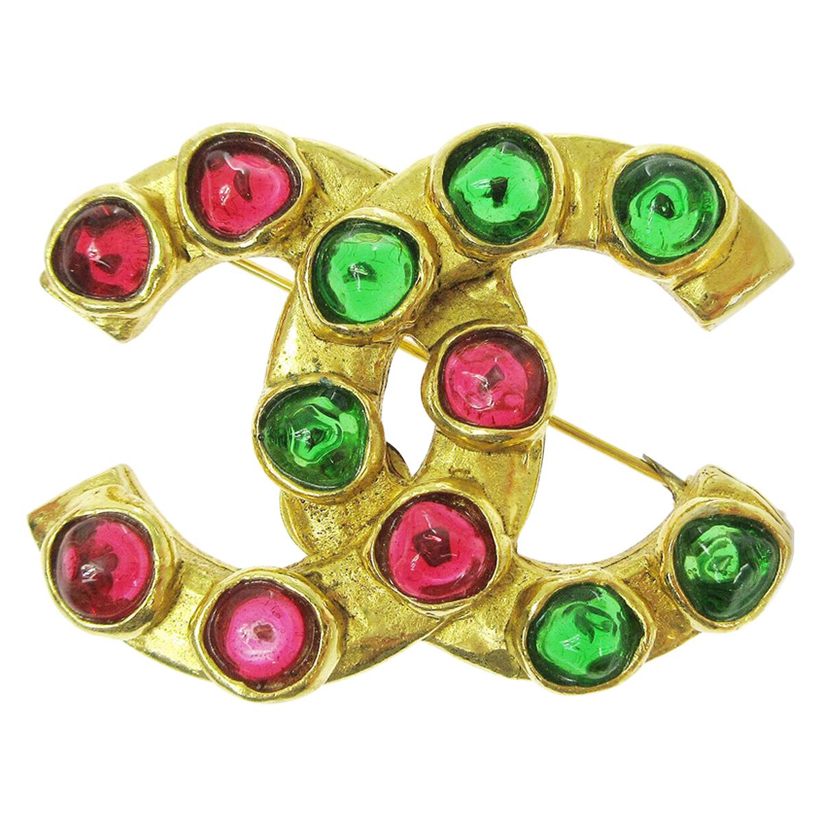 Chanel Metal Gold Gripoix Red Green Holiday CC Charm Evening Lapel Pin Brooch