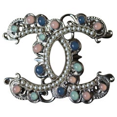 Chanel Metal, Natural Stones and Glass Pearls Logo Brooch