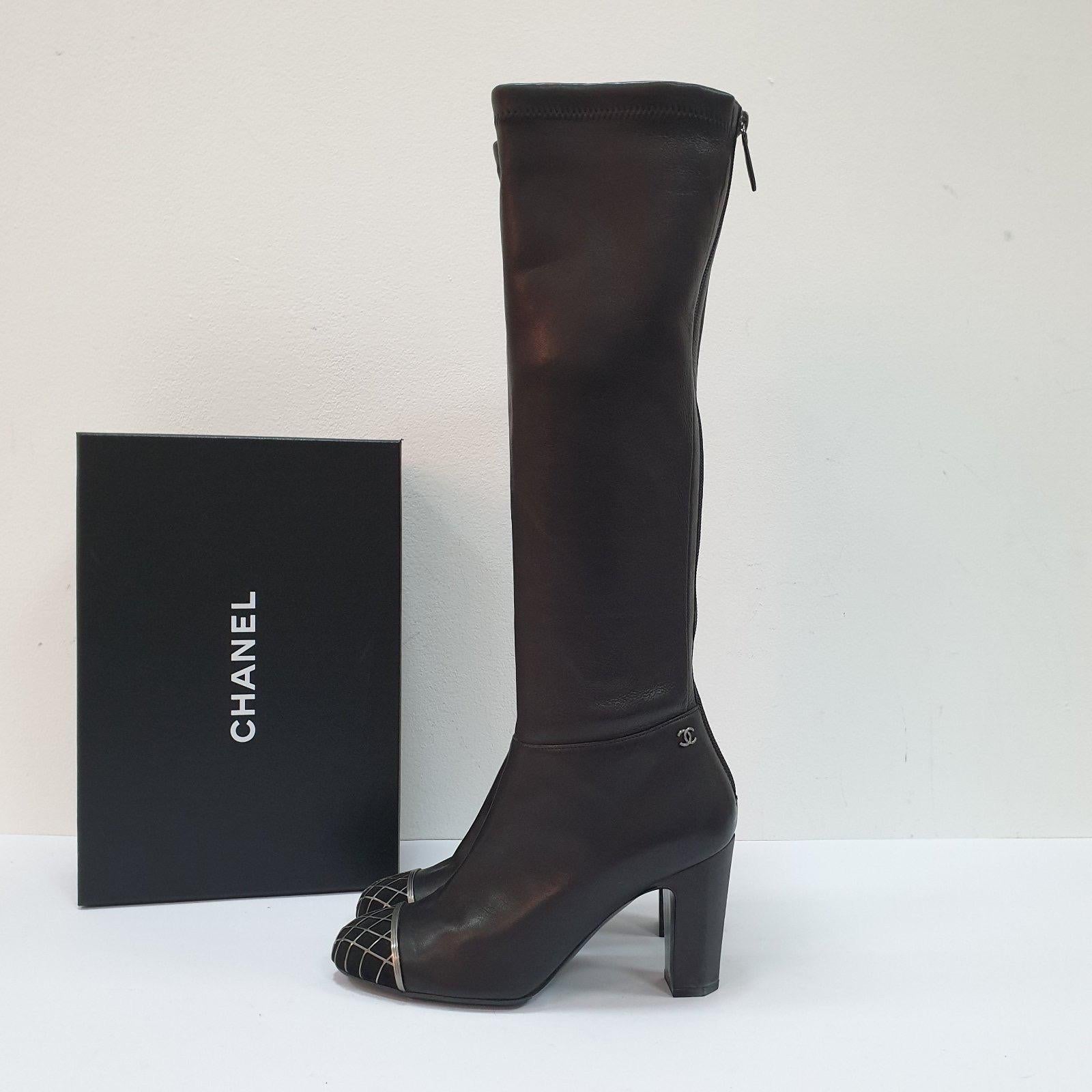 Women's Chanel Metal Net Toe Black Leather Boots