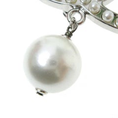 Chanel Metal Silver CC Charm Pearl Chain Pin Lapel Brooch