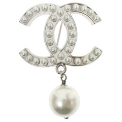 Chanel Metal Silver CC Charm Pearl Chain Pin Lapel Brooch