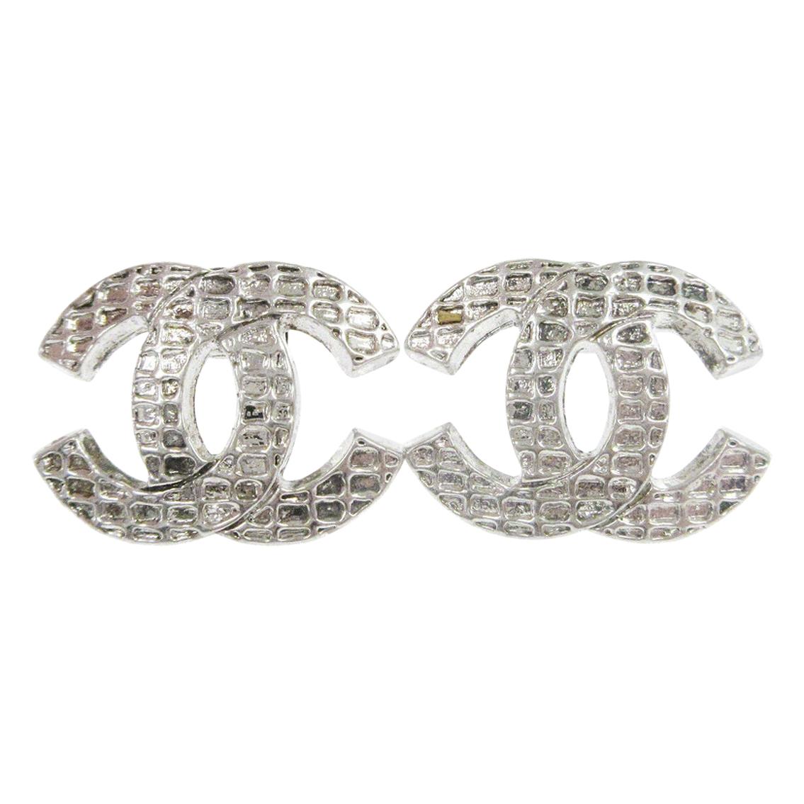 Chanel Metal Silver Tone CC Charm Evening Button Stud Earrings