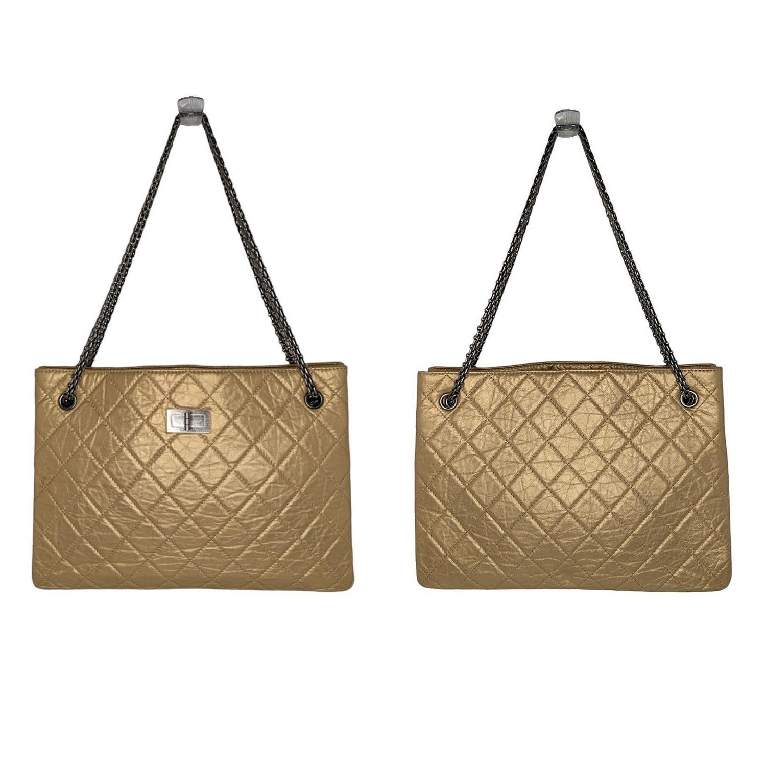 This stunning shoulder bag is crafted of aged and semi-distressed diamond quilted calfskin leather in gold. The bag features ruthenium bijoux chain shoulder straps and a front facing ruthenium squared Mademoiselle turn-lock accent. This opens to a