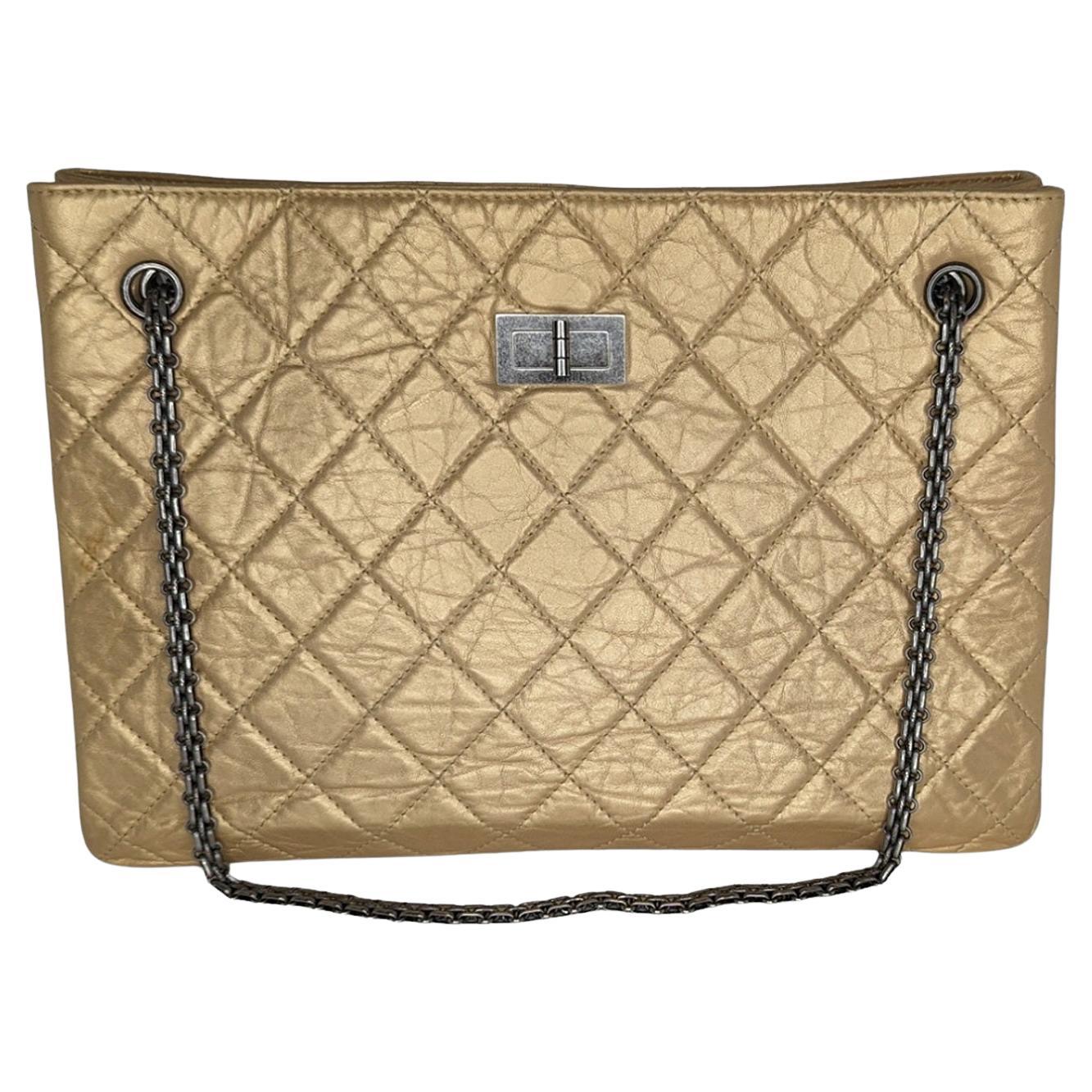 Chanel Metallic Aged Calfskin Quilted Reissue Tote Light Gold For Sale