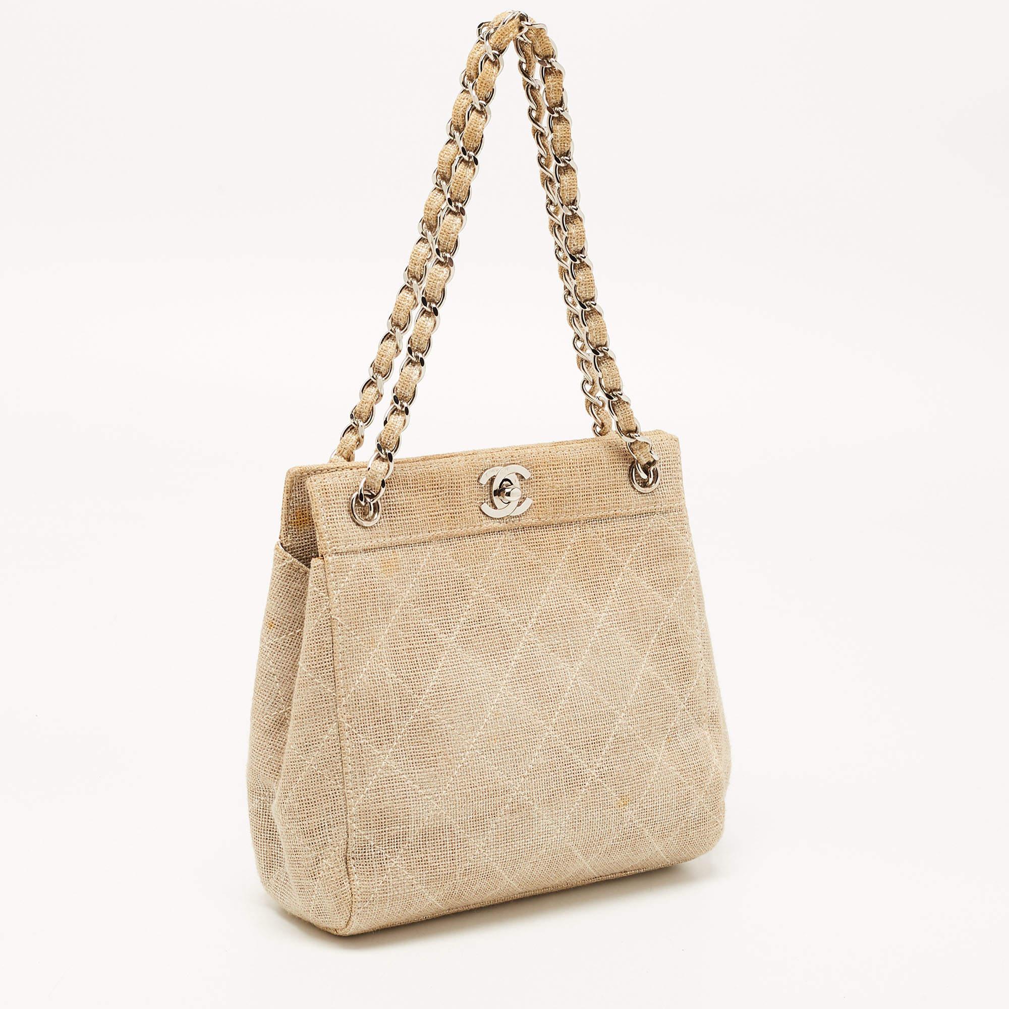 Women's Chanel Metallic Beige Quilted Canvas Mini Classic Chain Tote
