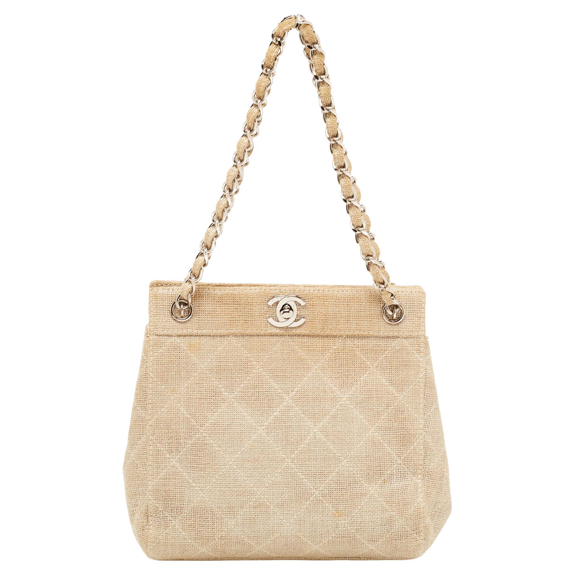 Chanel Metallic Beige Quilted Canvas Mini Classic Chain Tote