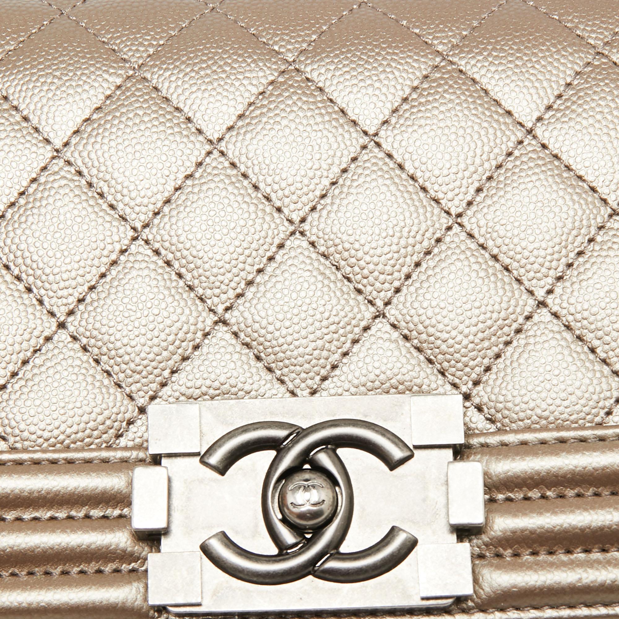 Chanel Metallic Beige Quilted Caviar Leather Small Boy Flap Bag 5