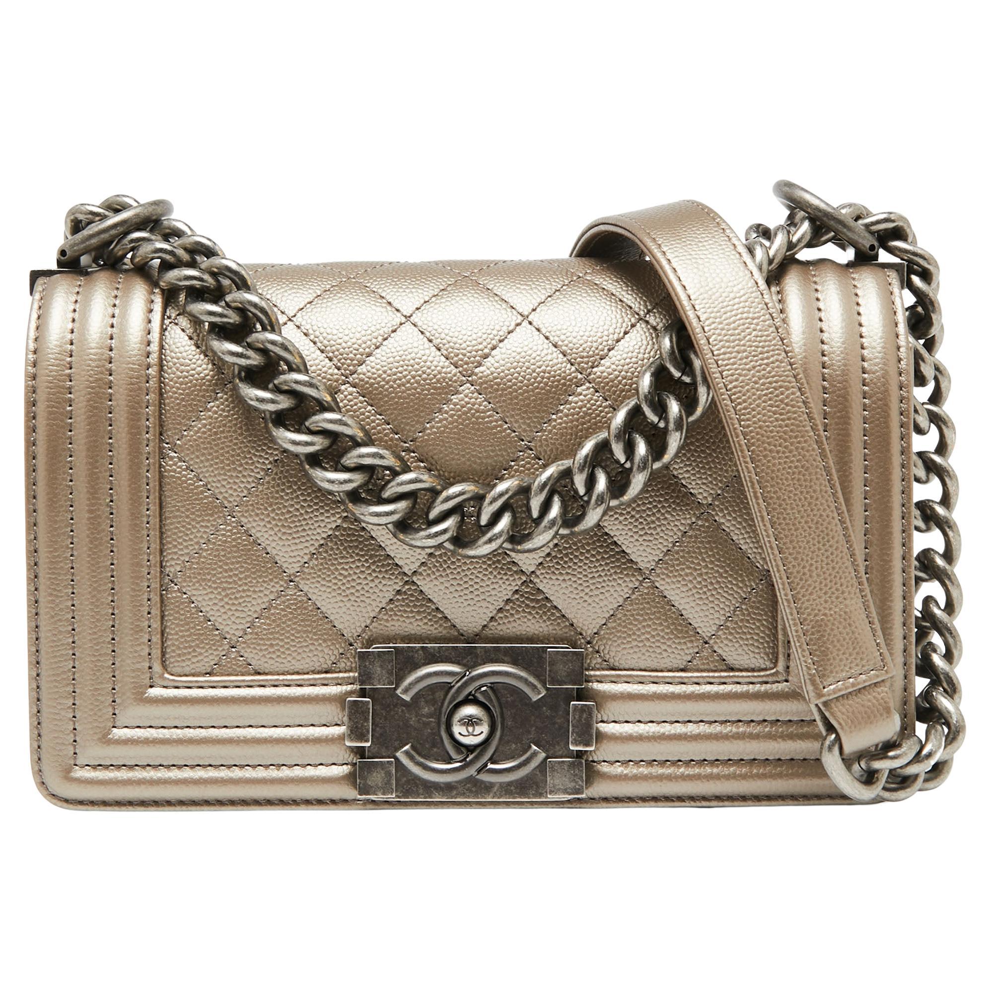 Chanel Metallic Beige Quilted Caviar Leather Small Boy Flap Bag