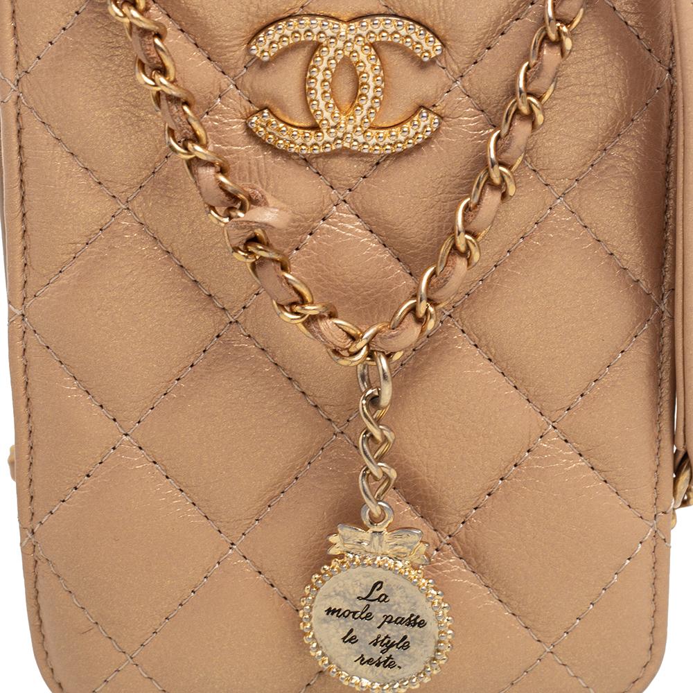 Chanel Metallic Beige Quilted Leather Crossbody Phone Holder 1