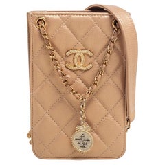 Chanel Metallic Beige Quilted Leather Crossbody Phone Holder