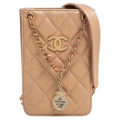 Chanel Metallic Beige Gesteppte Leder-Umhängetasche/ Telefonhalter