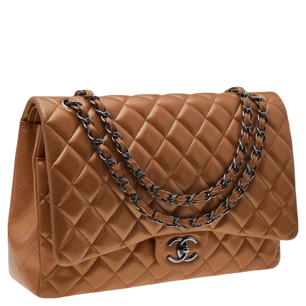 Women's Chanel Metallic Beige Quilted Leather Maxi Classic Single Flap Bag