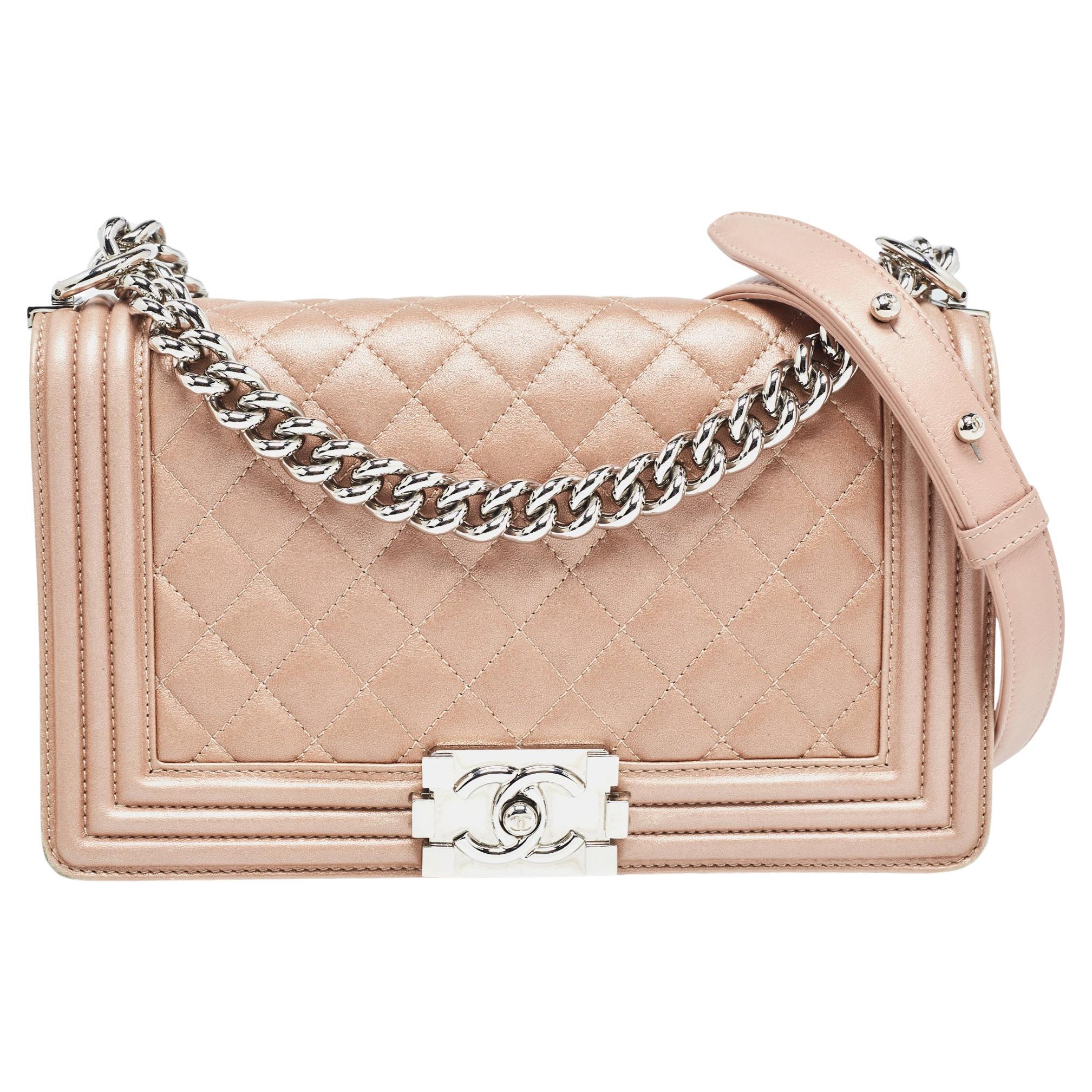 Chanel Metallic Beige Quilted Leather Medium Boy Flap Bag For Sale