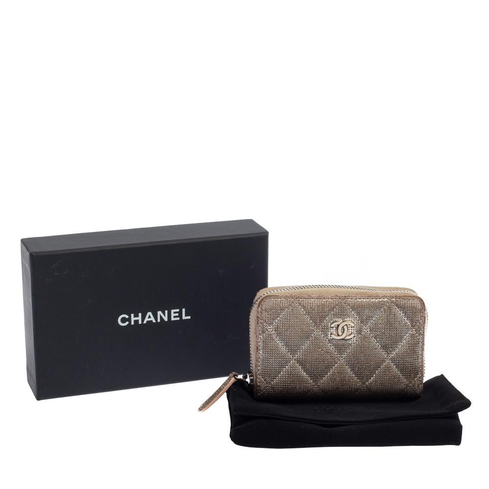 Chanel Metallic Beige Quilted Leather Zip Around Coin Purse 7