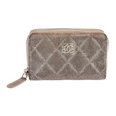 Chanel Metallic Beige Quilted Leather Zip Around Coin Purse