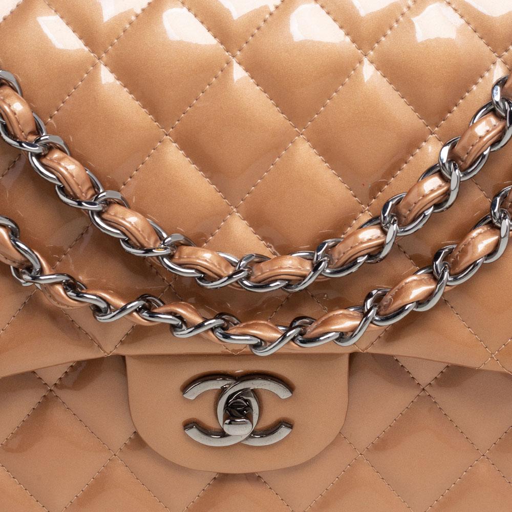 Chanel Metallic Beige Quilted Patent Leather Jumbo Classic Double Flap Bag 6