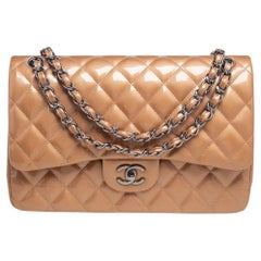 Chanel Metallic Beige Quilted Patent Leather Jumbo Classic Double Flap Bag