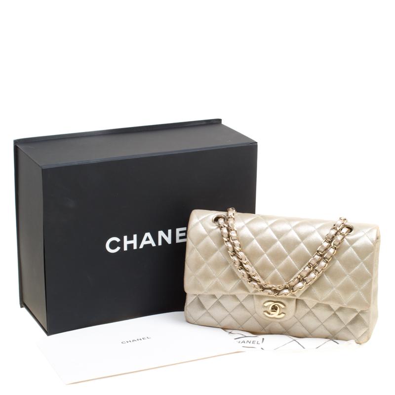 Chanel Metallic Beige Shimmering Quilted Leather Medium Classic Double Flap Bag 7