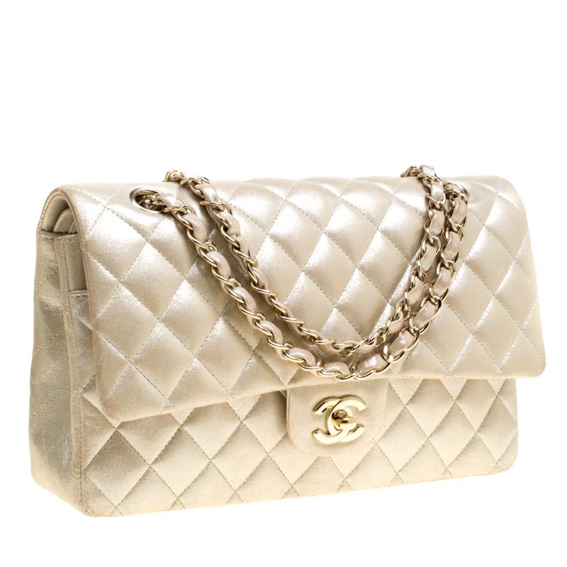 Chanel Metallic Beige Shimmering Quilted Leather Medium Classic Double Flap Bag In Good Condition In Dubai, Al Qouz 2