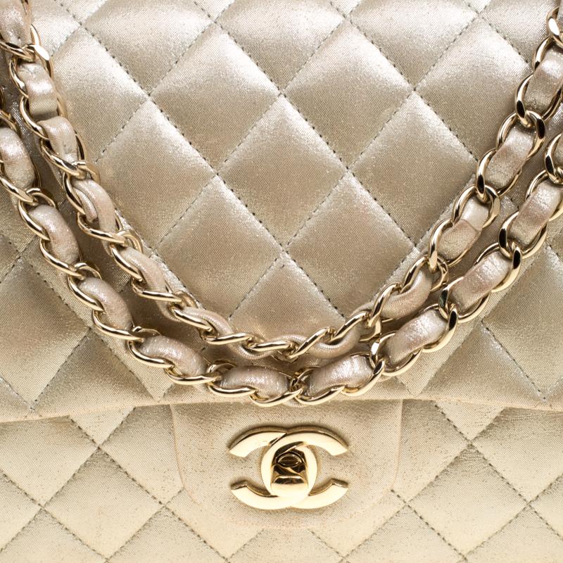 Women's Chanel Metallic Beige Shimmering Quilted Leather Medium Classic Double Flap Bag