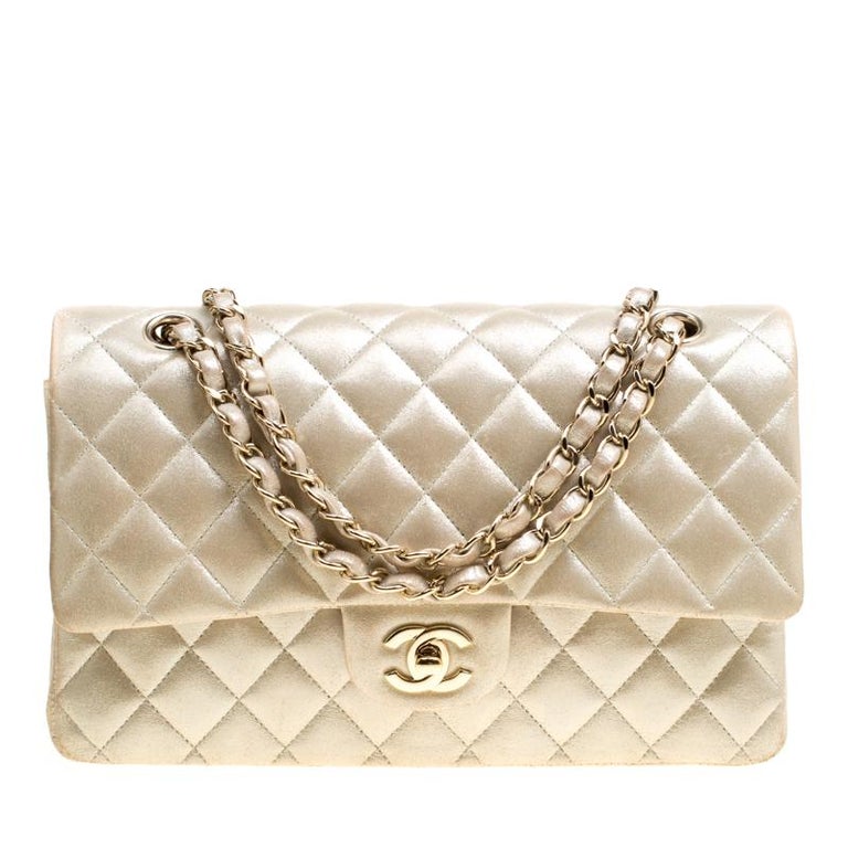 Chanel Metallic Beige Shimmering Quilted Leather Medium Classic Double Flap  Bag at 1stDibs
