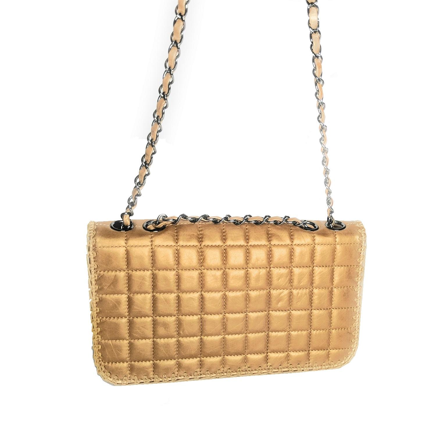 Metallic dark beige square quilted aged calf leather Chanel Reissue Flap Bag with ruthenium hardware, adjustable chain-link shoulder strap, beige whipstitch accents at edges, single slip pocket at flap underside, tonal woven lining, single zip