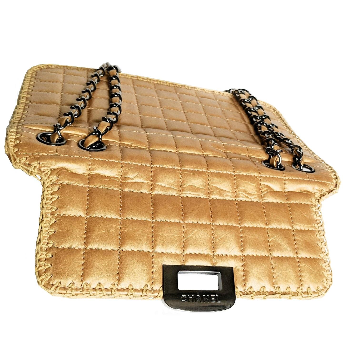 Chanel Metallic Beige Whipstitch Square Quilt Reissue Flap Bag In Excellent Condition In Scottsdale, AZ