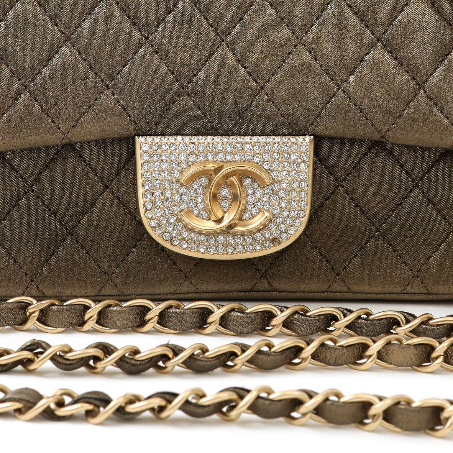 Brown Chanel Metallic Black and Gold Crystal Flap Bag For Sale