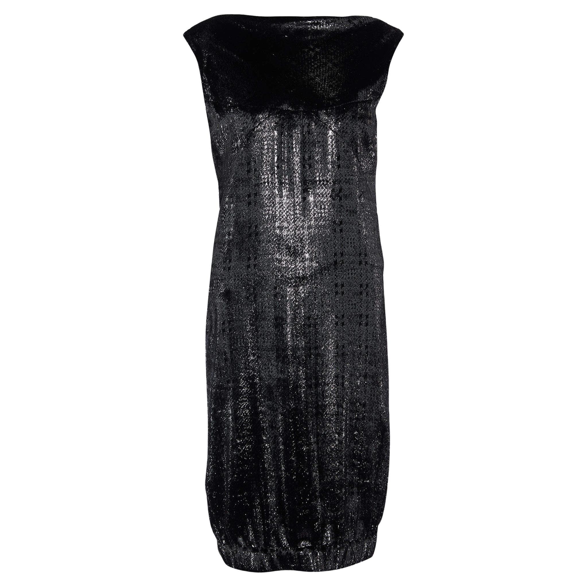 Chanel Metallic Schwarzes ärmelloses Kleid mit elastischem Saum aus gebürstetem Samt L im Angebot