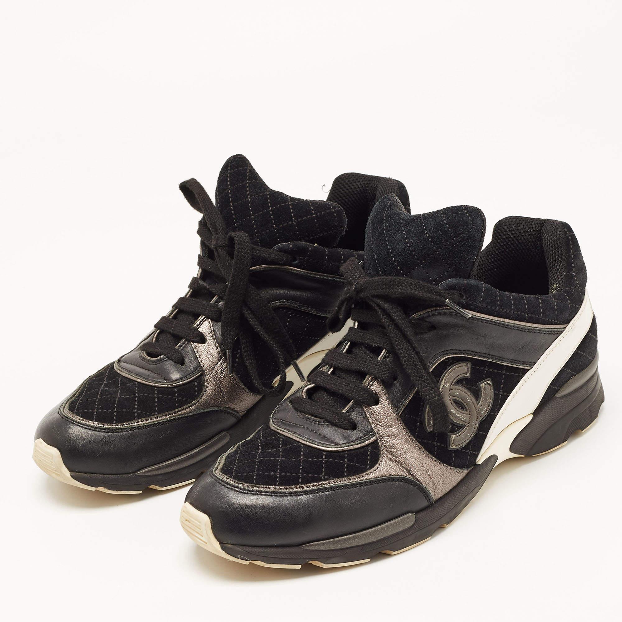 Women's Chanel Metallic/Black Leather and Suede Low Top CC Sneakers Size 40