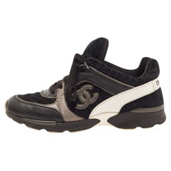 Chanel Metallic/Black Leather and Suede Low Top CC Sneakers Size 40