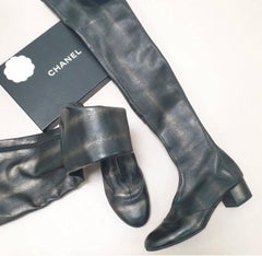 CHANEL Metallic Black Leather CC Thigh High Over The Knee  Boots Sz. 41