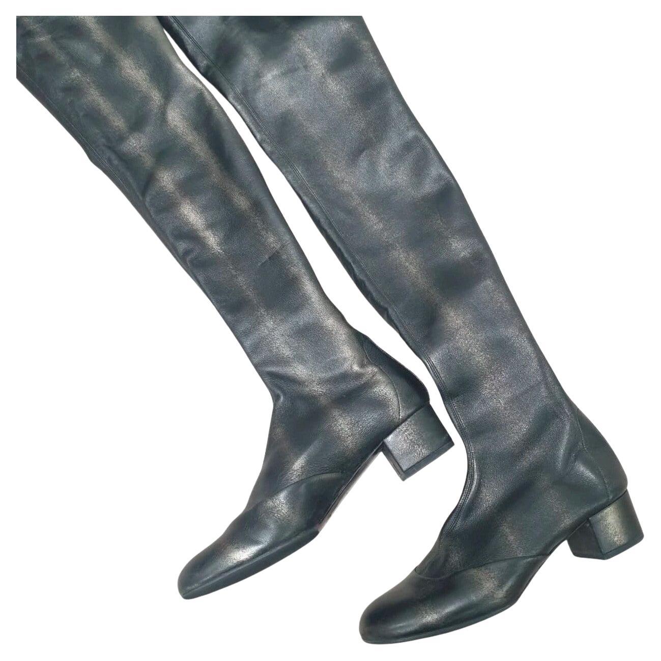 CHANEL Metallic Black Leather CC Thigh High Over The Knee  Boots Sz. 41