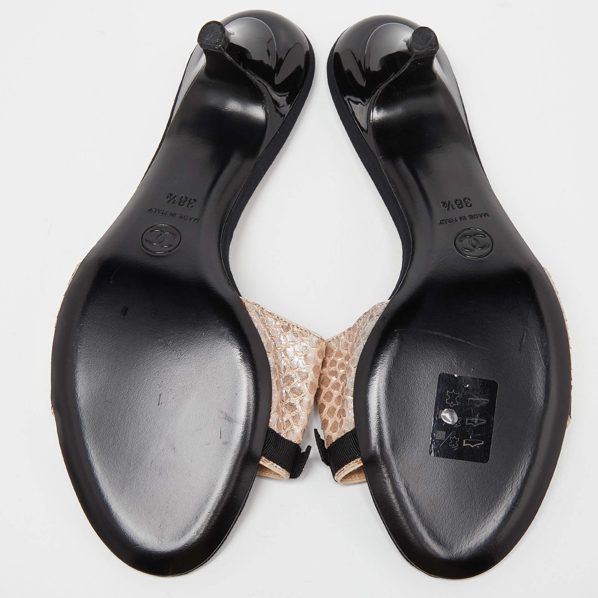 Chanel Metallic/Black Python and Fabric Bow CC Slide Sandals Size 38.5 1