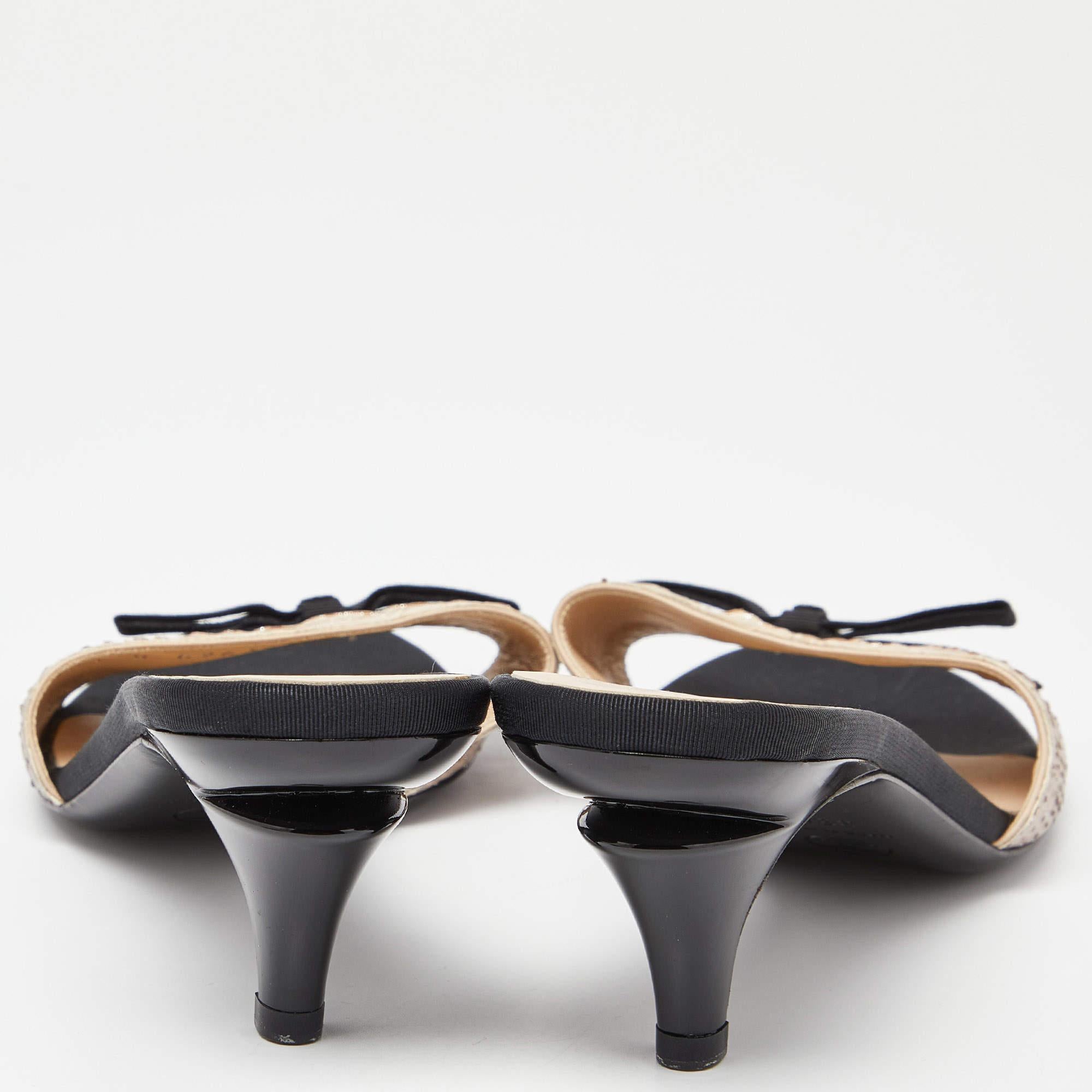 Chanel Metallic/Black Python and Fabric Bow CC Slide Sandals Size 38.5 4
