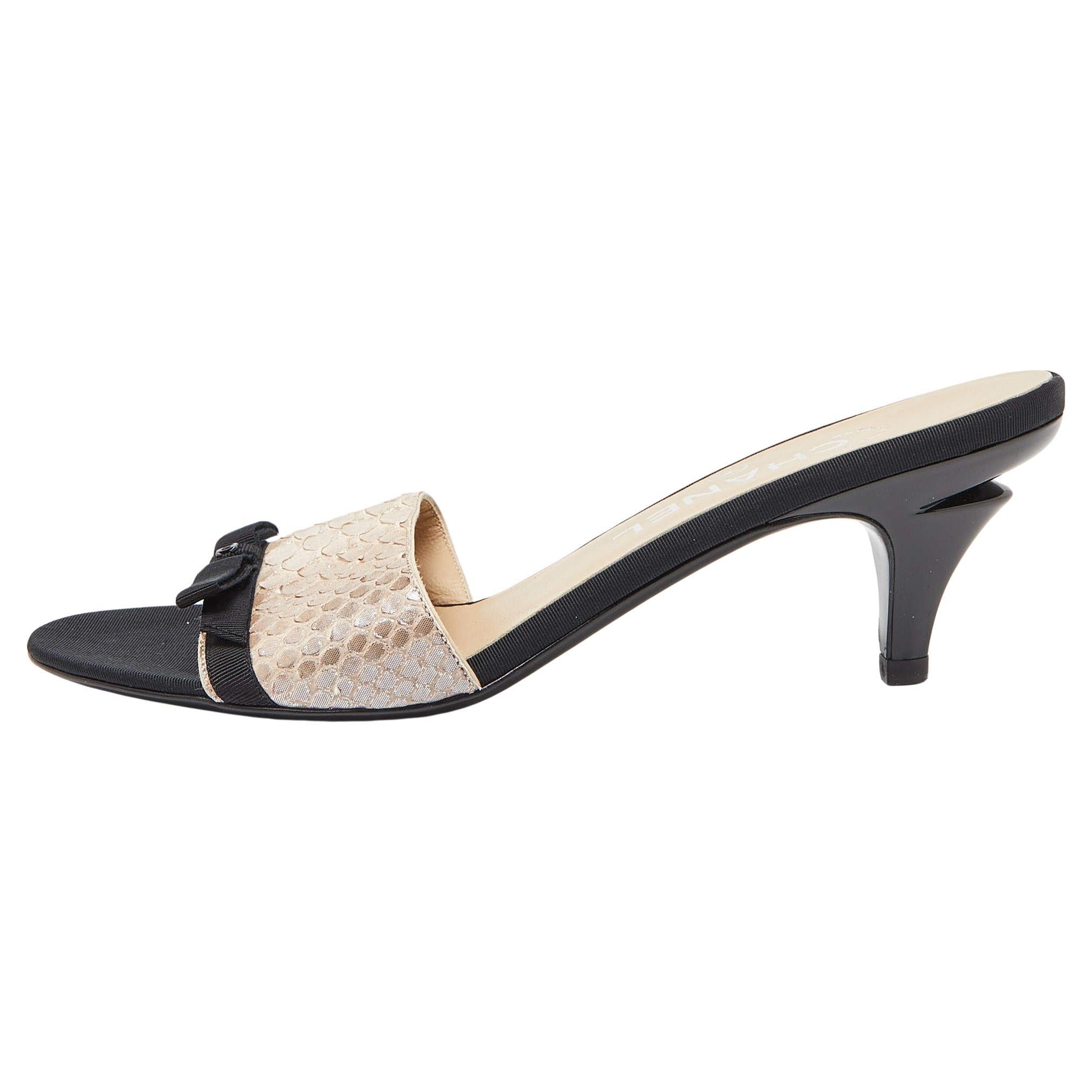 Chanel Metallic/Black Python and Fabric Bow CC Slide Sandals Size 38.5