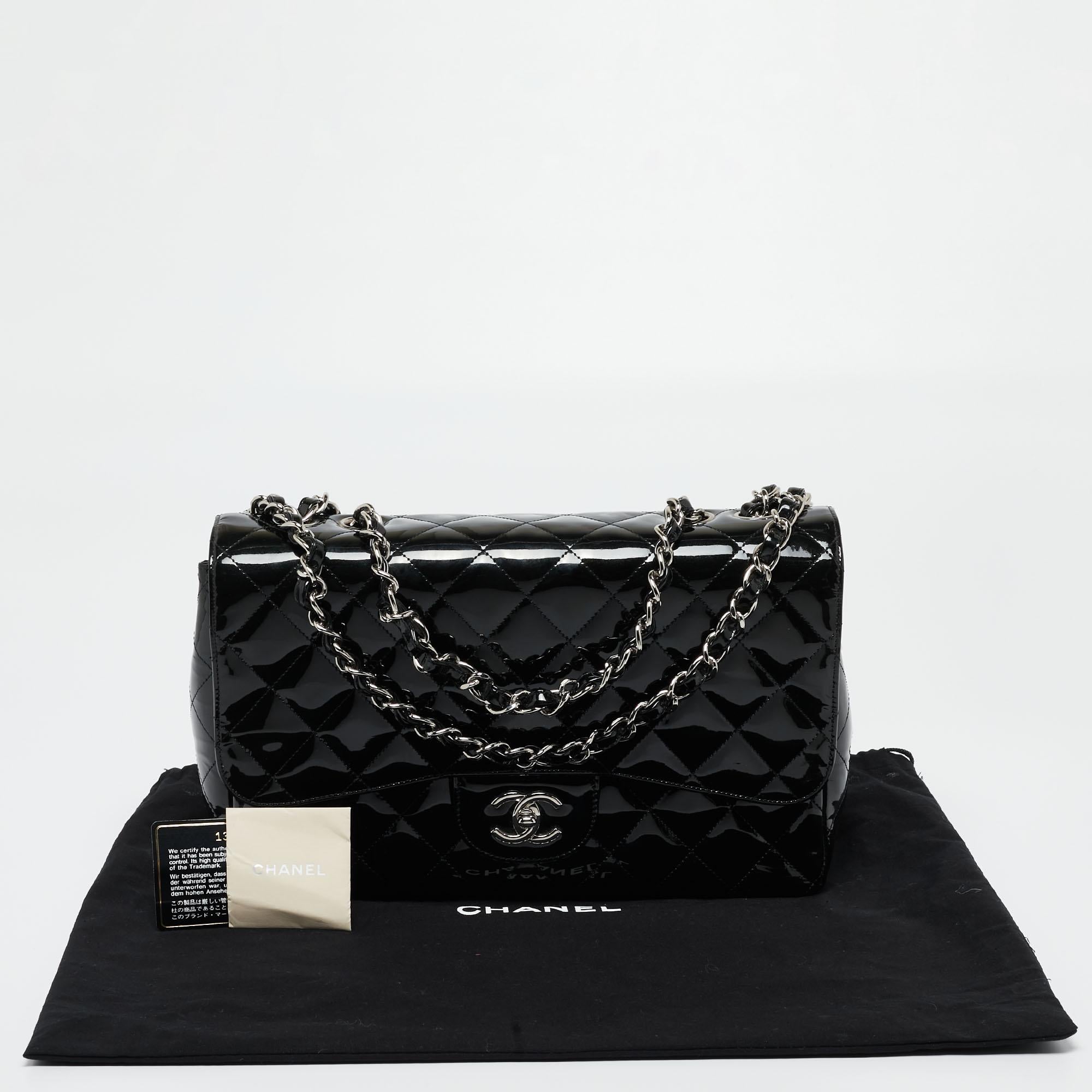 Chanel Metallic Black Quilted Patent Leather Jumbo Classic Single Flap Bag 10