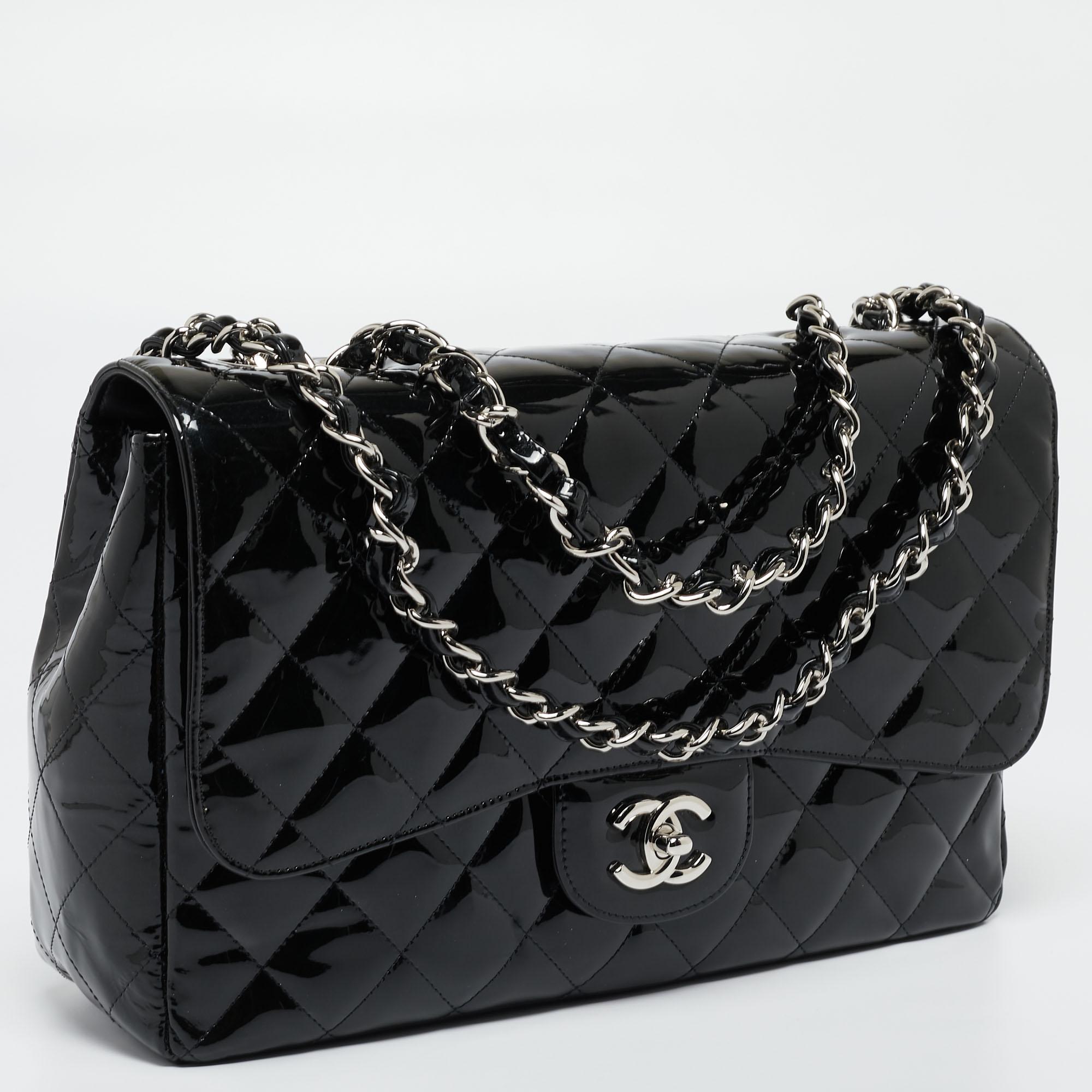 Women's Chanel Metallic Black Quilted Patent Leather Jumbo Classic Single Flap Bag