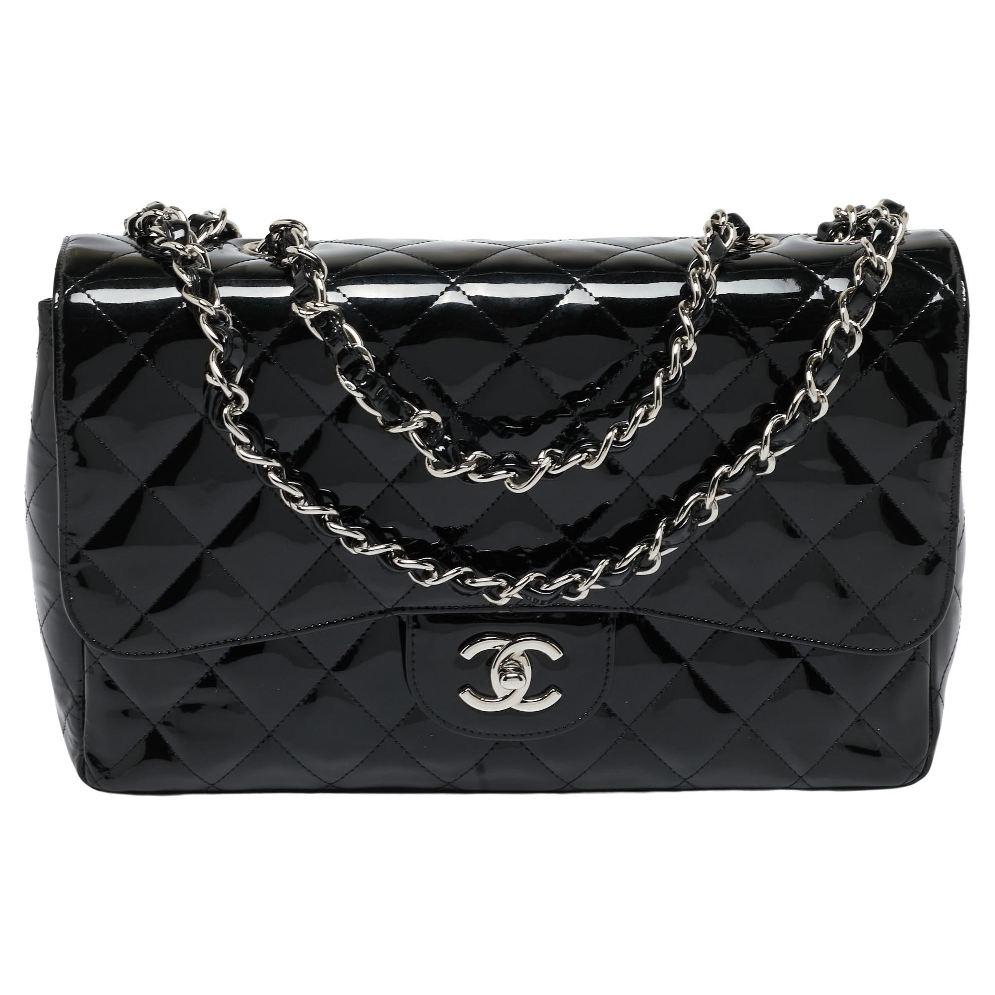 Chanel Metallic Black Quilted Patent Leather Jumbo Classic Single Flap Bag