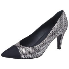 Chanel Metallic Black/Silver Suede And Canvas Pointed Cap Toe Pumps Size 38.5