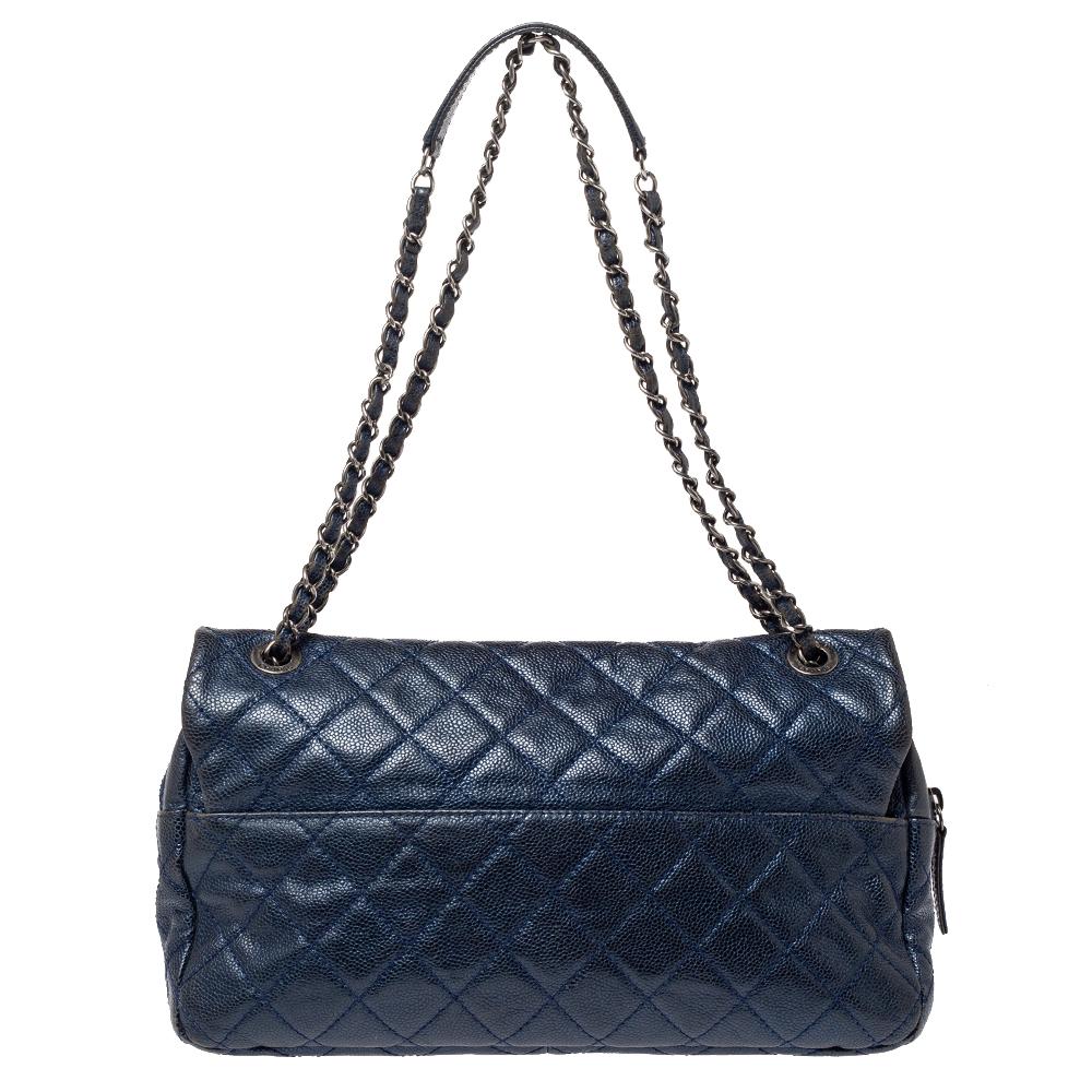 Chanel Metallic Blue Caviar Leather Easy Flap Bag 5