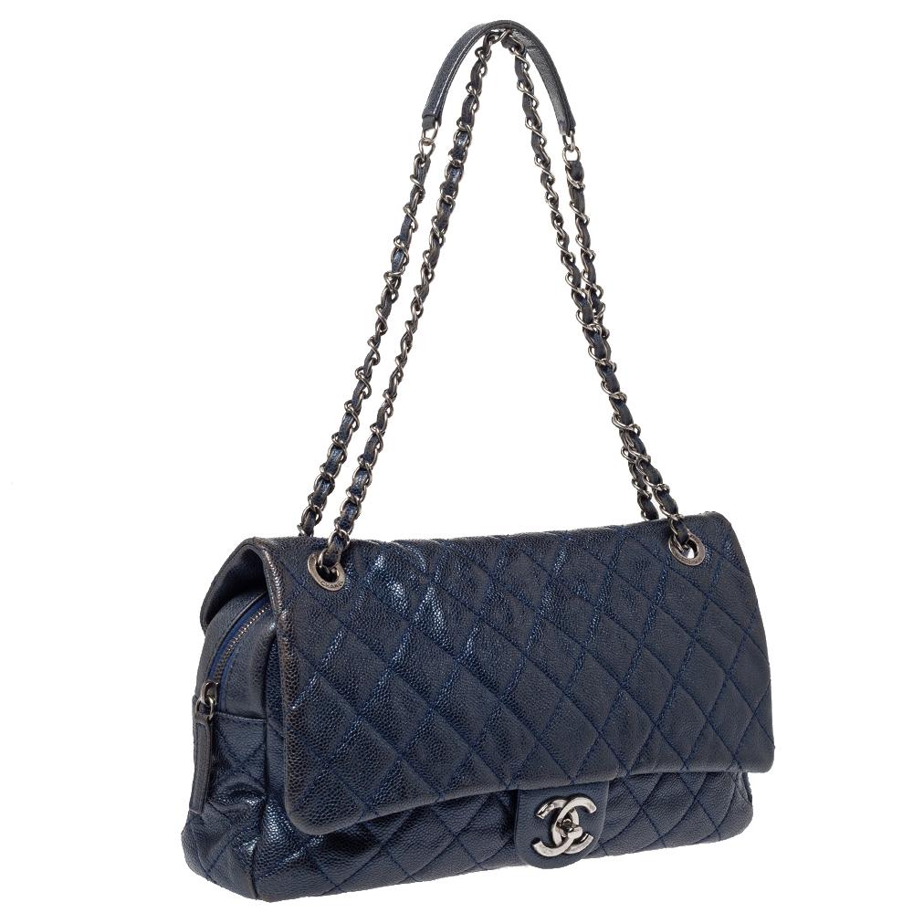 Black Chanel Metallic Blue Caviar Leather Easy Flap Bag