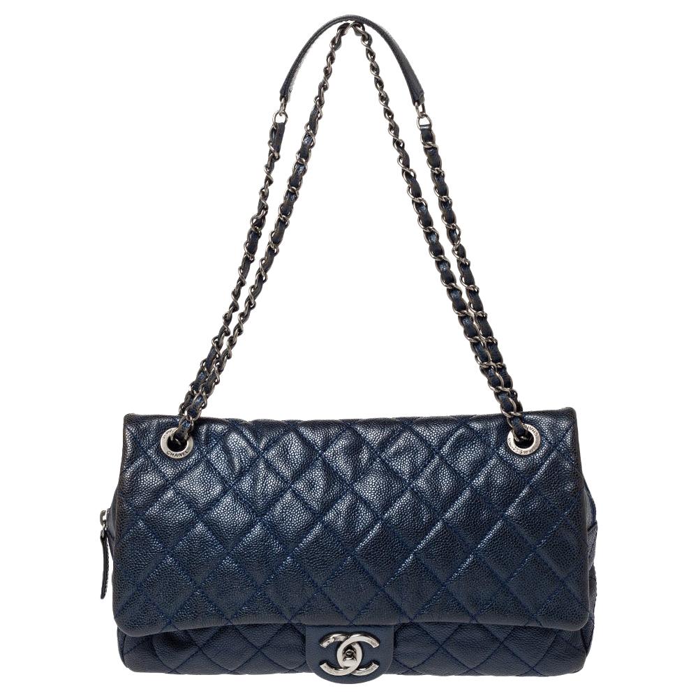 Chanel Metallic Blue Caviar Leather Easy Flap Bag