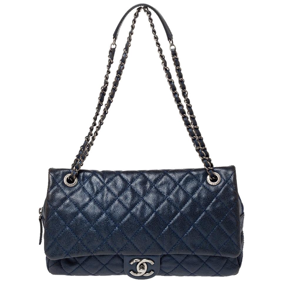 Chanel Metallic Blue Caviar Leather Easy Flap Bag